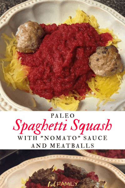 Low carb, grain free, and kid-approved! Instead of traditional tomato sauce, this healthy recipe uses beets and carrots to mimic a traditional red marinara sauce. Pasta noodles are replaced with low-calorie, grain-free spaghetti squash. The end result is a delicious and nutritious spin on traditional spaghetti and meatballs. #healthydinner #kidfriendlymeal #paleorecipe #ketorecipe #spaghettisquash #nomatosauce #holfamily