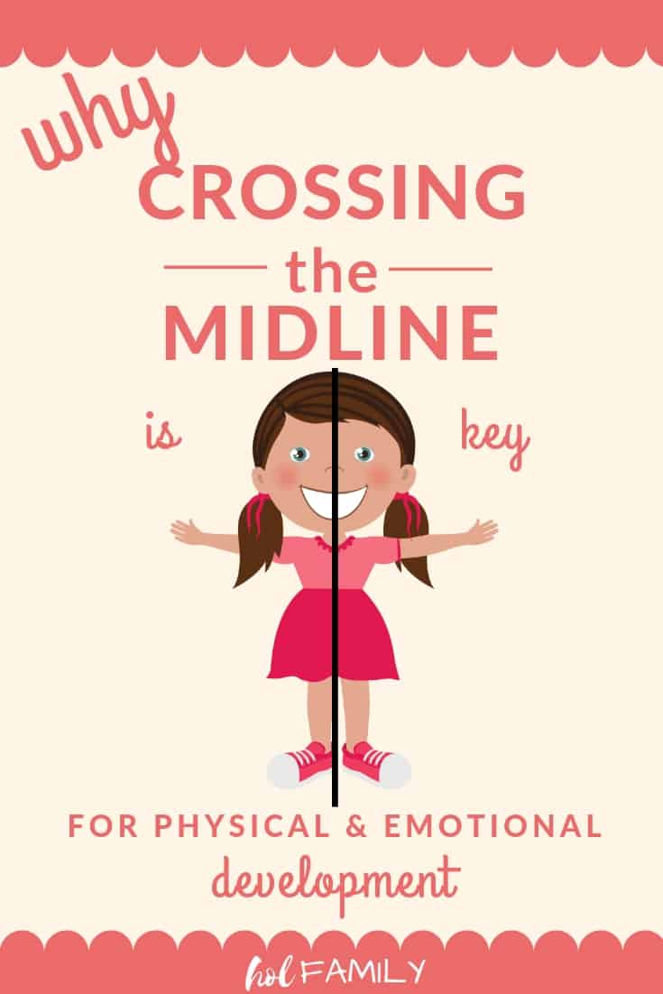 Crossing the midline is an important skill for child development. There are lots of brain boosting activities for babies, preschoolers, and children to promote whole brain integration. To learn why crossing the midline is key for everything from emotional regulation, fine and gross motor skills, reading and writing, and better behavior, click through to read this post now or pin for later! #brainintegration #crossingthemidline #braingym #emotionalregulation #childdevelopment